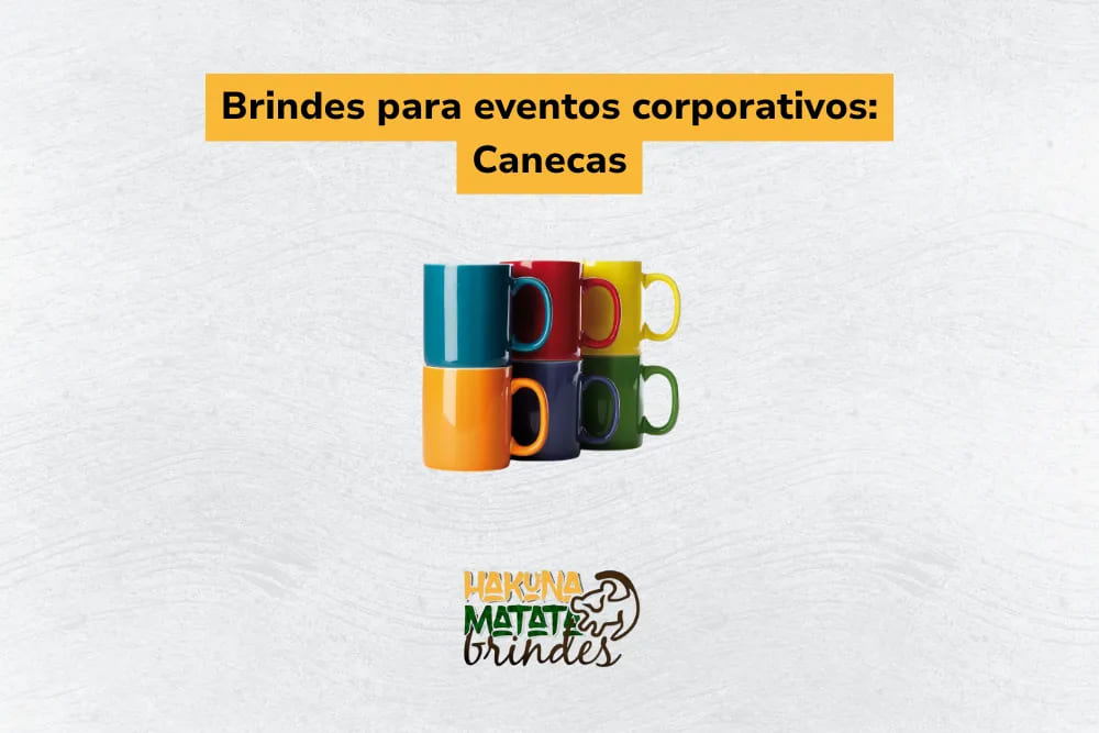 Conjunto de canecas coloridas personalizadas para ações promocionais em evento corporativo.