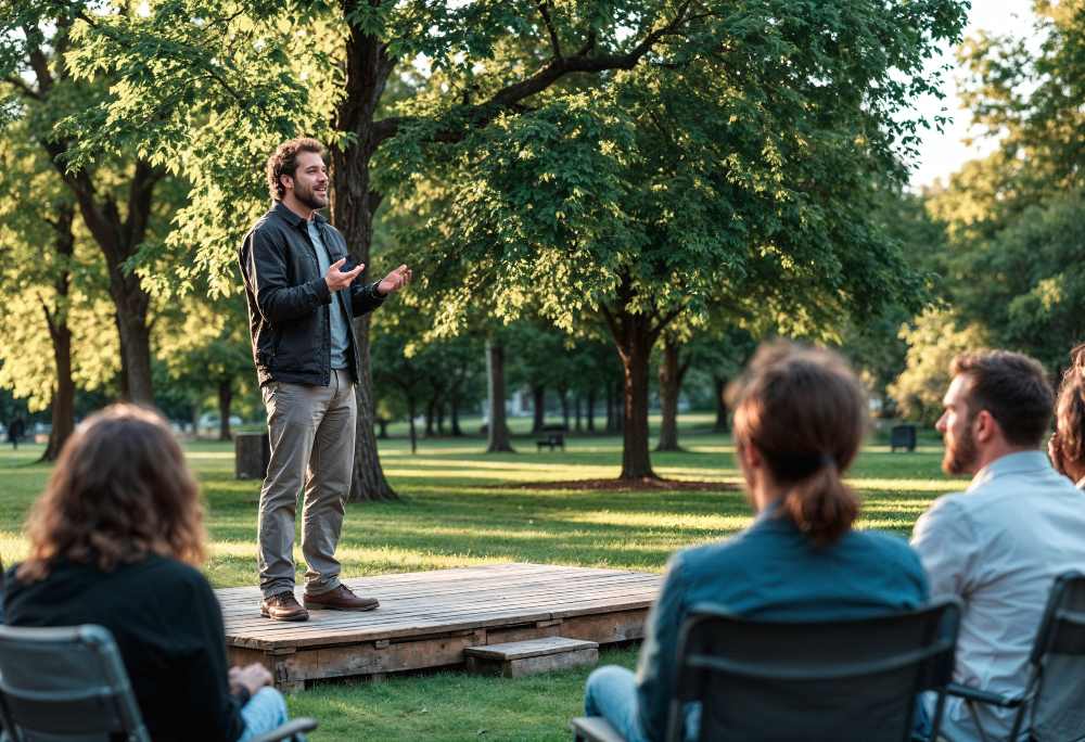 Profissional conduzindo uma palestra em um evento corporativo realizado em área verde com plateia ao ar livre.