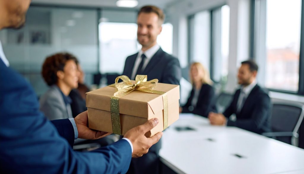 Pessoa entregando uma caixa de presente com laço dourado para um profissional em reunião, simbolizando brindes e celebrações no ambiente de trabalho.