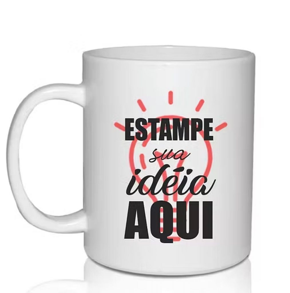 Caneca personalizada branca como lembrancinha útil, com estampa de frase criativa e design moderno para brindes promocionais.