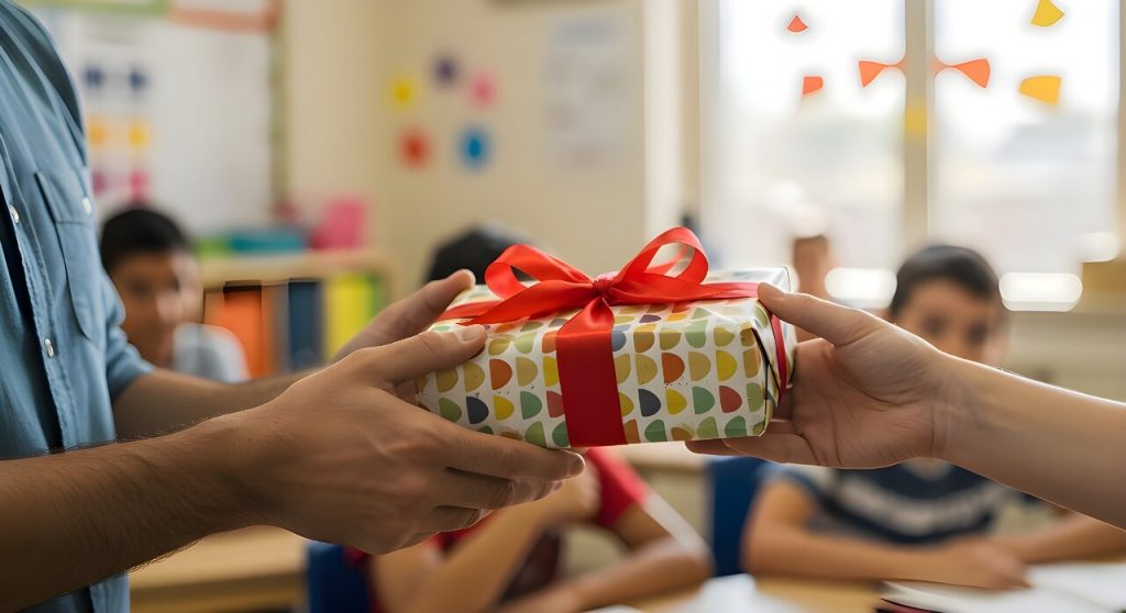 Pessoa entregando um presente embrulhado com laço vermelho dentro de uma sala de aula, simbolizando lembrancinha escolar.