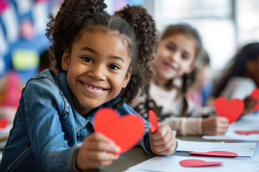 Criança segurando coração de papel vermelho durante atividade artesanal na escola, com colegas ao fundo participando da mesma atividade.