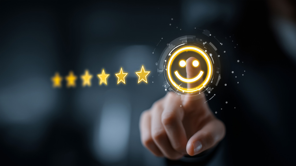 essoa interagindo com interface digital de avaliação, selecionando ícone de sorriso e cinco estrelas de satisfação.