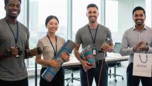Grupo de pessoas sorridentes em ambiente de escritório, com lembrancinhas fitness como corda, tapete de yoga e halteres