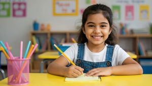 Close-up de uma menina sorridente sentada em uma mesa amarela de sala de aula. Ela segura um lápis amarelo e escreve em um caderno. Em primeiro plano, há um porta-lápis rosa com vários lápis coloridos. O ambiente ao fundo é colorido e decorado com elementos educativos.