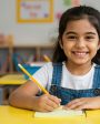 Close-up de uma menina sorridente sentada em uma mesa amarela de sala de aula. Ela segura um lápis amarelo e escreve em um caderno. Em primeiro plano, há um porta-lápis rosa com vários lápis coloridos. O ambiente ao fundo é colorido e decorado com elementos educativos.